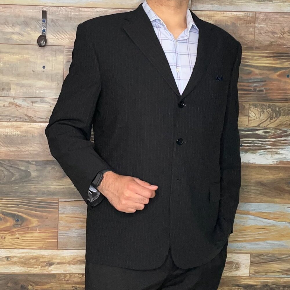 Tallia Uomo 100% Super 100's Wool Black Striped Blazer Sport Jacket Size 46R